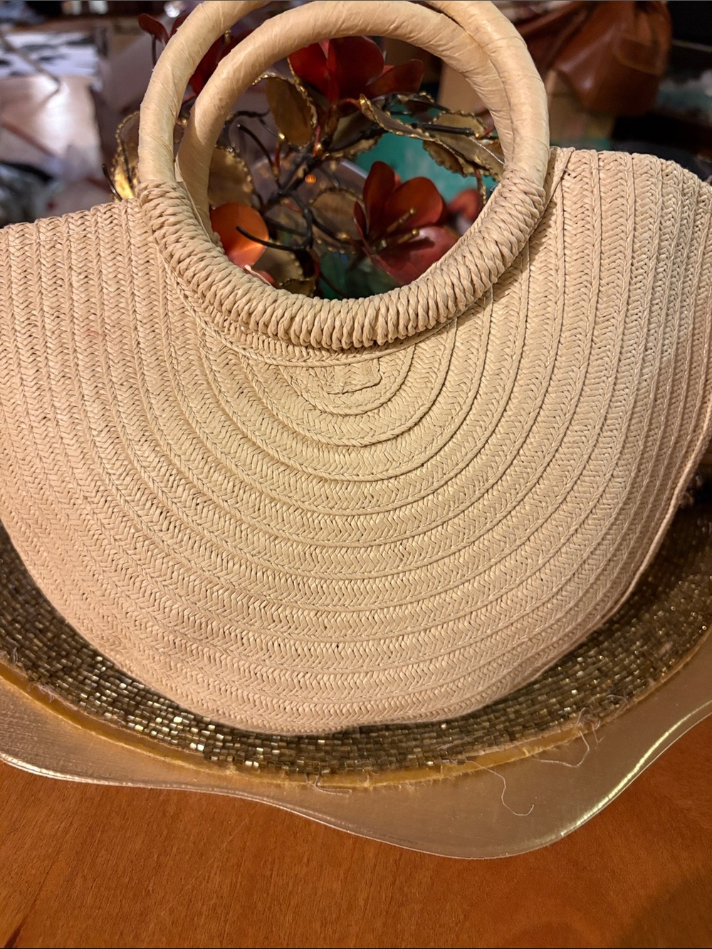 Neutral Beige Round Woven Tote with Circular Handles